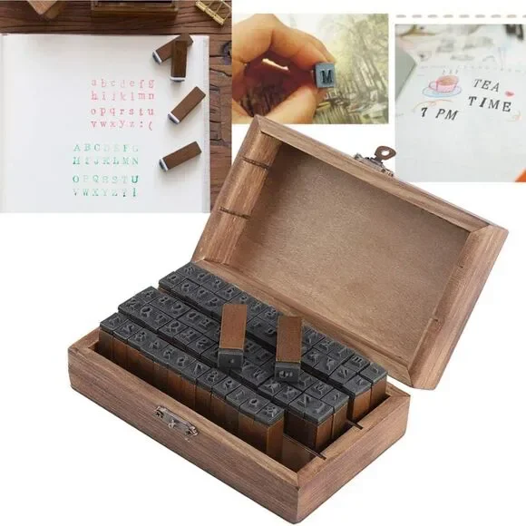 NEW! 70pc Vintage Wood Alphabet & Number Rubber Stamp Set in Rustic Keepsake Box - Picture 3 of 8